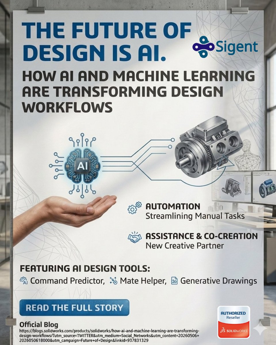 Sigent_India's tweet photo. The future of design is AI. 
Discover how machine learning is transforming daily CAD workflows—from streamlining manual tasks to serving as your ultimate creative partner.

Read the full story https://t.co/h6yG5pmgo7

#AI #Solidworks #CAD #Engineering #TechTrends #Sigent https://t.co/CrZgTJ9HfV