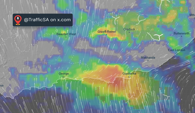 SAfmRadio's tweet photo. Coming up at 06:30 Rob Byrne @TrafficSA will have your latest traffic update on #TheNationalBriefing #sabcnews
Eastern Cape - #ALERT More rain expected in the Kouga / Gqeberha region #CutOffLow #DriveSafe #Ventusky https://t.co/oYSisJXkOm