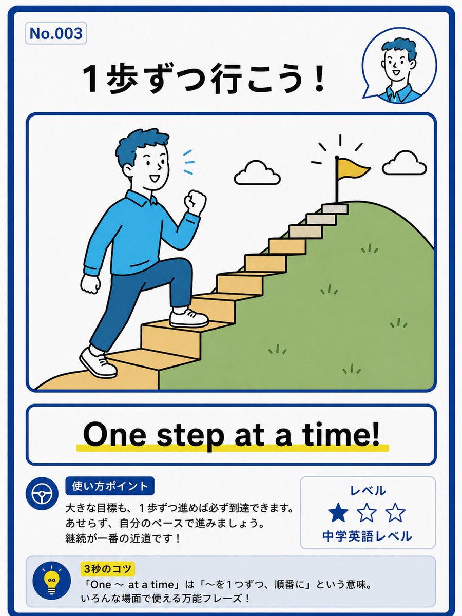No.003 1歩ずつ行こう！ One step at a time! □例文 A:なかなか英語の
