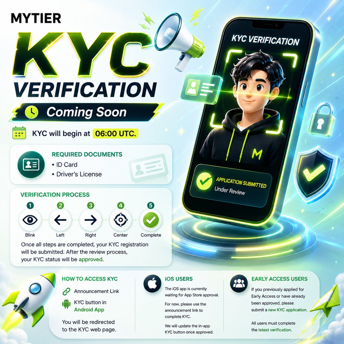 Mytier_official's tweet photo. 🚨 MYTIER KYC VERIFICATION NOTICE

Dear Mytier Community,

We are pleased to announce that KYC verification will officially begin today at 06:00 UTC.

📅 KYC Start Time • 06:00 UTC

🪪 Required Documents • National ID Card • Driver's License

✅ Verification Process

Start face verification.

Blink your eyes.

Look to the left.

Look to the right.

Look straight ahead.

Once all steps have been completed, your KYC application will be submitted for review. After the review process is successfully completed, your KYC status will be approved.

🌐 How to Access KYC

📱 Android Users After 06:00 UTC, update your app to the latest version and the KYC button will appear inside the app.

🍎 iOS Users and Web Users At 06:00 UTC, the KYC verification link will be shared in this announcement post.

You can access the KYC verification page either through the Android app's KYC button or through the official announcement link.

🍎 Important Notice for iOS Users

The iOS version is currently awaiting App Store approval.

For now, iOS users should complete KYC through the official announcement link.

Once the iOS update is approved, we will add a dedicated KYC button directly within the app for a smoother verification experience.

🔄 Early Access Users

If you previously applied for Early Access or have already received approval, you are still required to submit a new KYC application.

All users must complete the latest verification process to ensure compliance, security, and consistency across the Mytier ecosystem.

🔐 Your cooperation helps us build a safer and more trusted Mytier community.

Thank you for your continued support.

🚀 Team Mytier