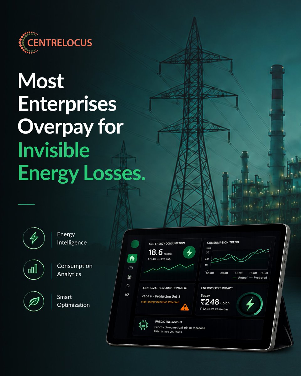 centrelocus's tweet photo. Most enterprises overpay for energy losses they can't see.

Centrelocus helps organizations gain real-time energy visibility, reduce waste, and optimize operational efficiency through intelligent analytics.

➡️ Visit us: https://t.co/q2Sg7IBdIW

#Centrelocus #EnergyManagement https://t.co/fGUNSvKri4