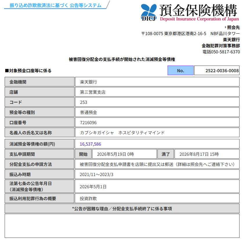 Myforex_CS's tweet photo. 【注目】GEMFOREX関連とされる銀行口座が被害者への返金手続きの対象に？

振り込め詐欺救済法に基づく公告として、預金保険機構のWebサイトにGEMFOREX運営関係者が経営しているとされる会社の銀行口座情報が公開されたことが、SNS上で注目を集めています。

◆振り込め詐欺救済法とは
詐欺などに使われた口座に一定の残高がある場合、その残高を原資として被害回復を図るための法律です。

◆今どういう状況？
・被害者からの支払申請受付を開始
・申請期限は2026年8月17日15時
・支払額が確定すれば被害者へ支払い

支払いを受けるには、支払申請書を対象口座のある金融機関に提出する必要があります。申込書は預金保険機構のWebサイトでダウンロードできます。