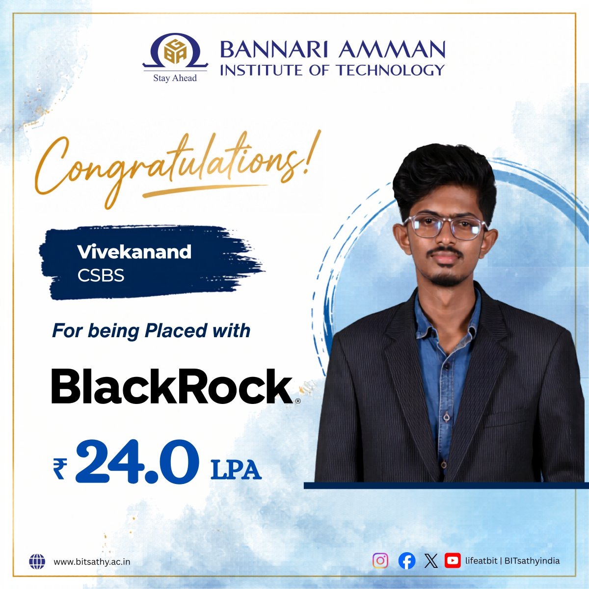 Bitsathyindia's tweet photo. 🎊 BIG NEWS from @BITsathyindia! 

 Vivekanand (CSBS) has been placed at @BlackRock with a package of ₹24.0 LPA! 🖤💰 
Hard work pays off. Congratulations! 🚀  

#bitsathy #teambit  #BlackRock #Placed #CSBS #24LPA #CampusPlacement https://t.co/LmByAbQmPa