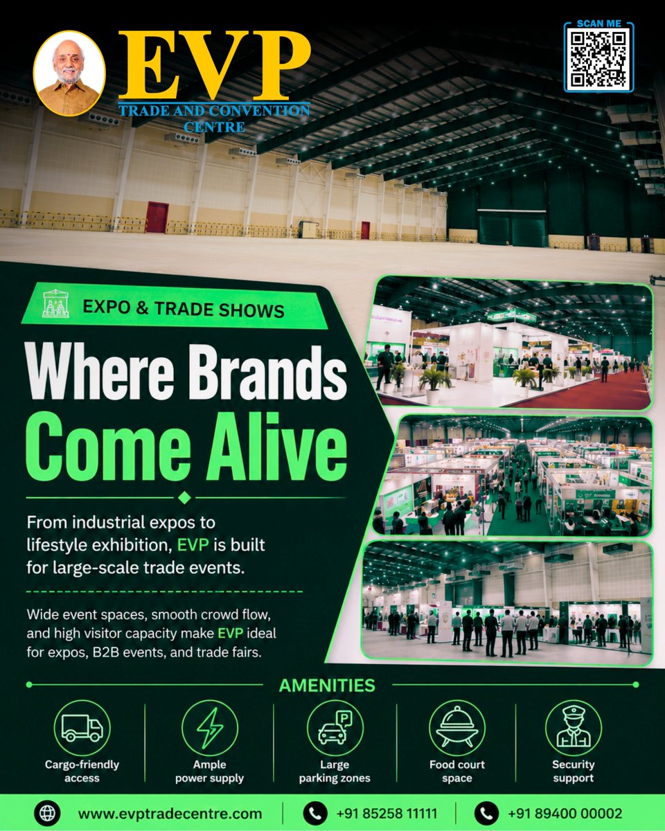 evptradecentre's tweet photo. Where brands don’t just show up… they stand out.

Welcome to EVP Trade &amp; Convention Centre. Big space. Bigger opportunities.

#EVP #EVPTradeCentre  #Business #Trending #Chennai #Tamilnadu #CorporateEvents #TradeCentre https://t.co/I9QWHbEdhA