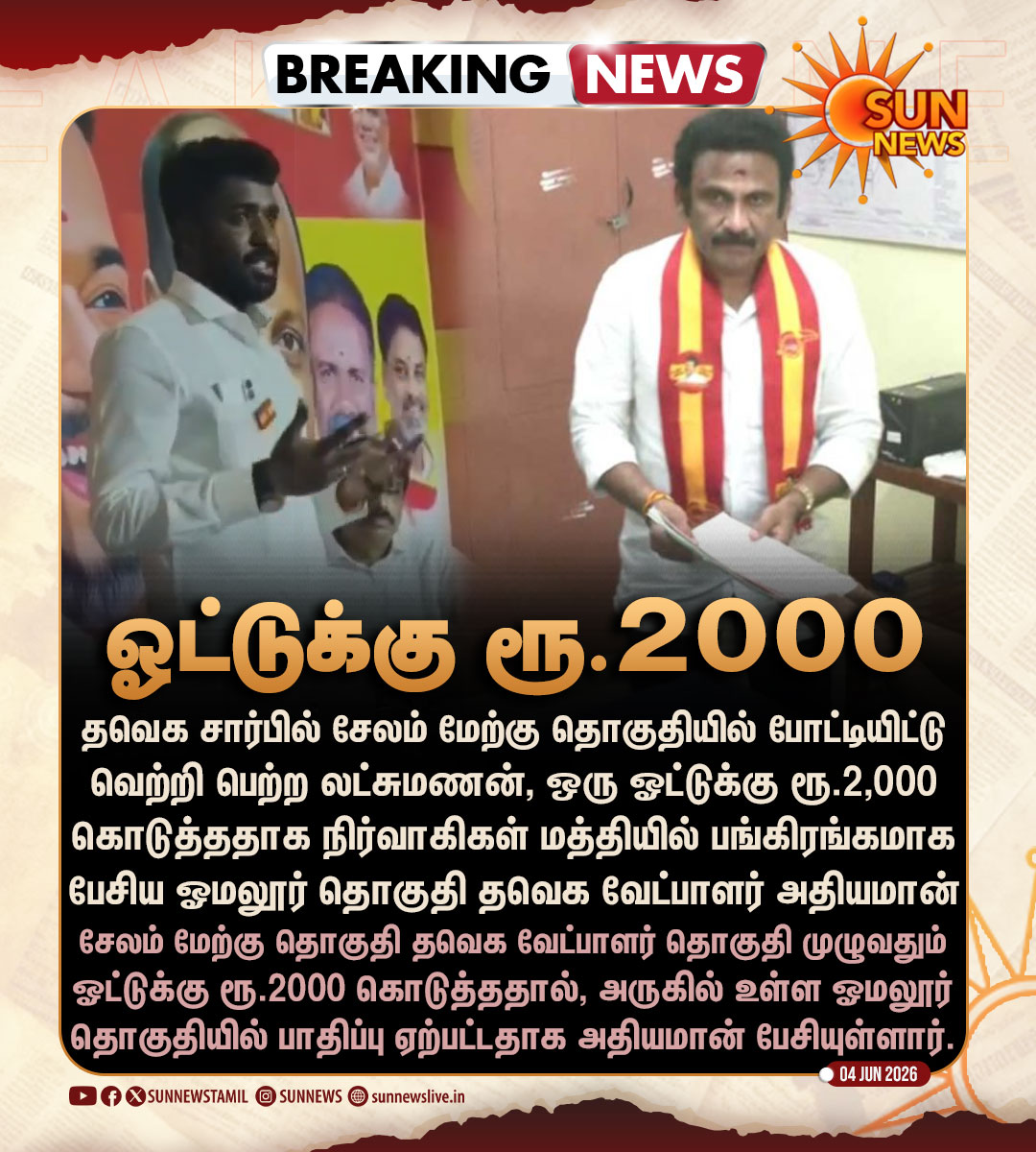 sunnewstamil's tweet photo. #BREAKING | ஓட்டுக்கு பணம் கொடுத்து வெற்றி - தவெக வேட்பாளர் ஒப்புதல்

#SunNews | #TVKVijay‌ | #Salem https://t.co/7gz1TiTIka