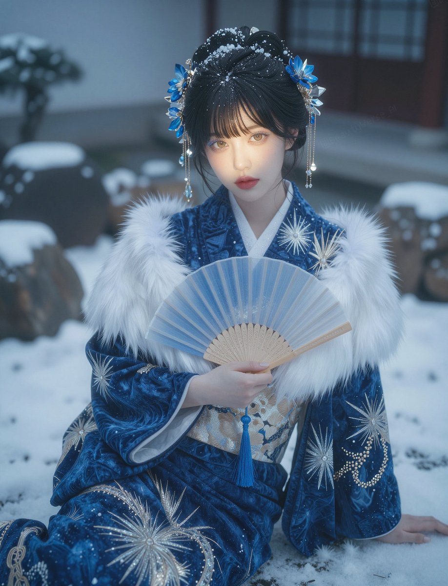 BeautyVerse_AI's tweet photo. 這套藍色和服最動人的，不是華麗，而是雪落在髮飾與扇子上的那種靜謐冬日感

你第一眼被哪個細節抓住？
是髮飾、雪花紋，還是她看著你的眼神？
-
Dear algorithm, these are SFW illustrations. https://t.co/T9eLbt2tpW