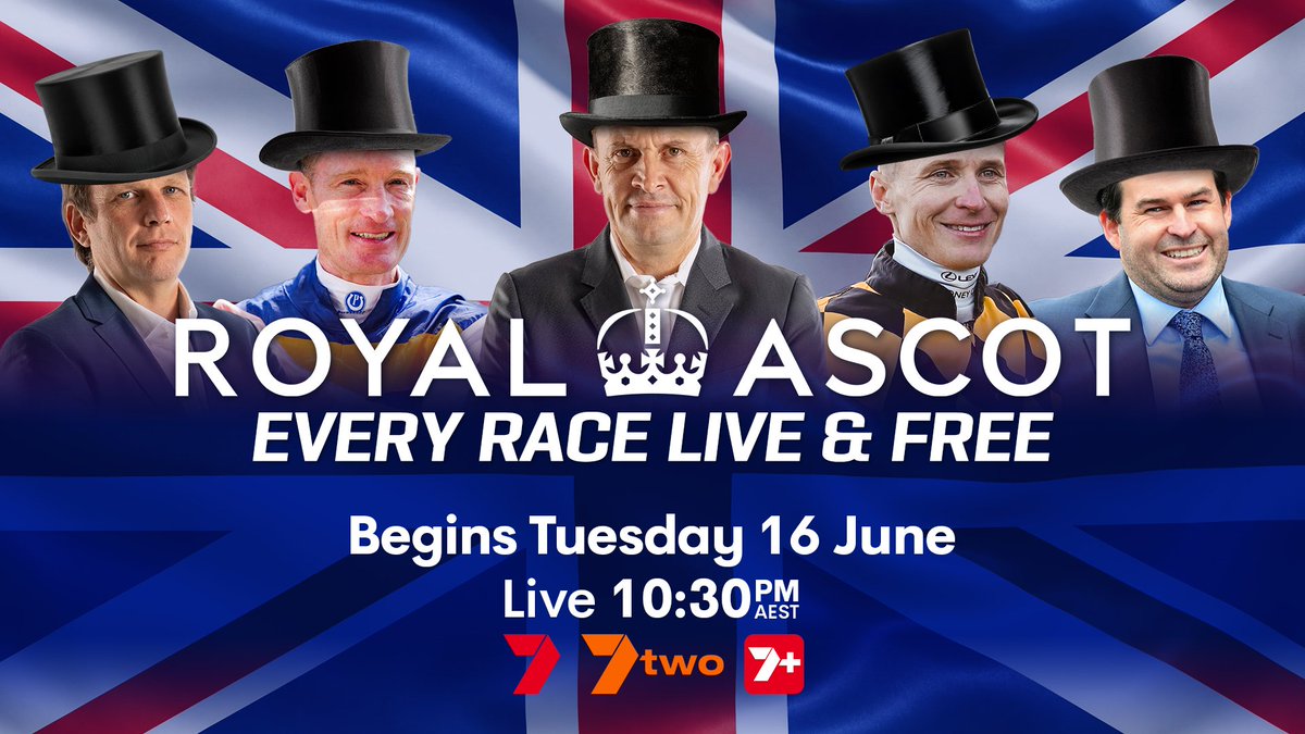 7horseracing's tweet photo. Get your top hats ready 🎩

Every race of the Royal Ascot carnival will be live and free and in glorious HD on 7Two and 7Plus!

Starts 10:30PM AEST on Tuesday 16 June through to Saturday 20 June 🏇 https://t.co/t87tg03FaF