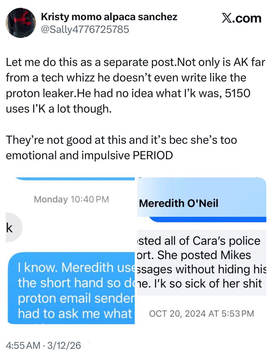 TheKristyFiles's tweet photo. Kristy Cetrone Shnayder accusing 5150 aka Meredith O’Neil of sending out the Karen Read recordings.

“They're not good at this and it's bec Meredith’s too emotional and impulsive PERIOD”

Kristy’s never wrong tho!

They’re BFFs now! 😹😹

Normal! 😹😹 https://t.co/gcD0LhQLdZ
