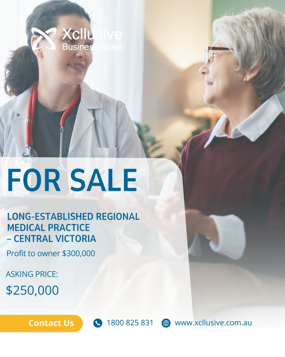 xcllusive's tweet photo. NEW BUSINESS FOR SALE - Long-established Regional Medical Practice – Central Victoria
Profit to owner $300,000

An excellent opportunity exists to acquire a long-established regional medical practice servicing growing communities in Central Victoria. The practice has been in existence for over 30 years and has been operating under the current ownership for approximately five years, and has developed a strong reputation for quality patient care. The practice benefits from a loyal patient base, limited local competition, strong community standing, and close proximity to aged care facilities that provide an ongoing source of patient demand.

- Established regional medical practice
- Well-recognised within the local community
- Approximately 2,500+ active patient records
- Average of 120 patient consultations per week
- Approximately 20 new patients per week
- Strong demand for medical services in the region

Asking Price: $250,000

Inquire here: https://t.co/gZ2ucrAbHQ

 #MedicalPracticeForSale #RegionalMedicalPractice #MedicalBusiness #VictoriaBusinessForSale #MedicalServices #Xcllusive #XcllusiveBusinessSales
