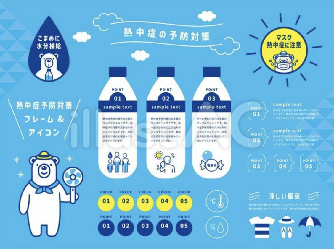ACworks2011's tweet photo. 【☀️熱中症対策を呼びかけよう☀️】
これからの季節に必須！熱中症予防の啓発イラストが無料🌡️
注意喚起のポスターや、社内通知を分かりやすく作成しましょう💧🏃‍♂️ 
安全な夏をデザインで！✨
詳細はリプ欄をチェック👇 https://t.co/QYas7b4C43