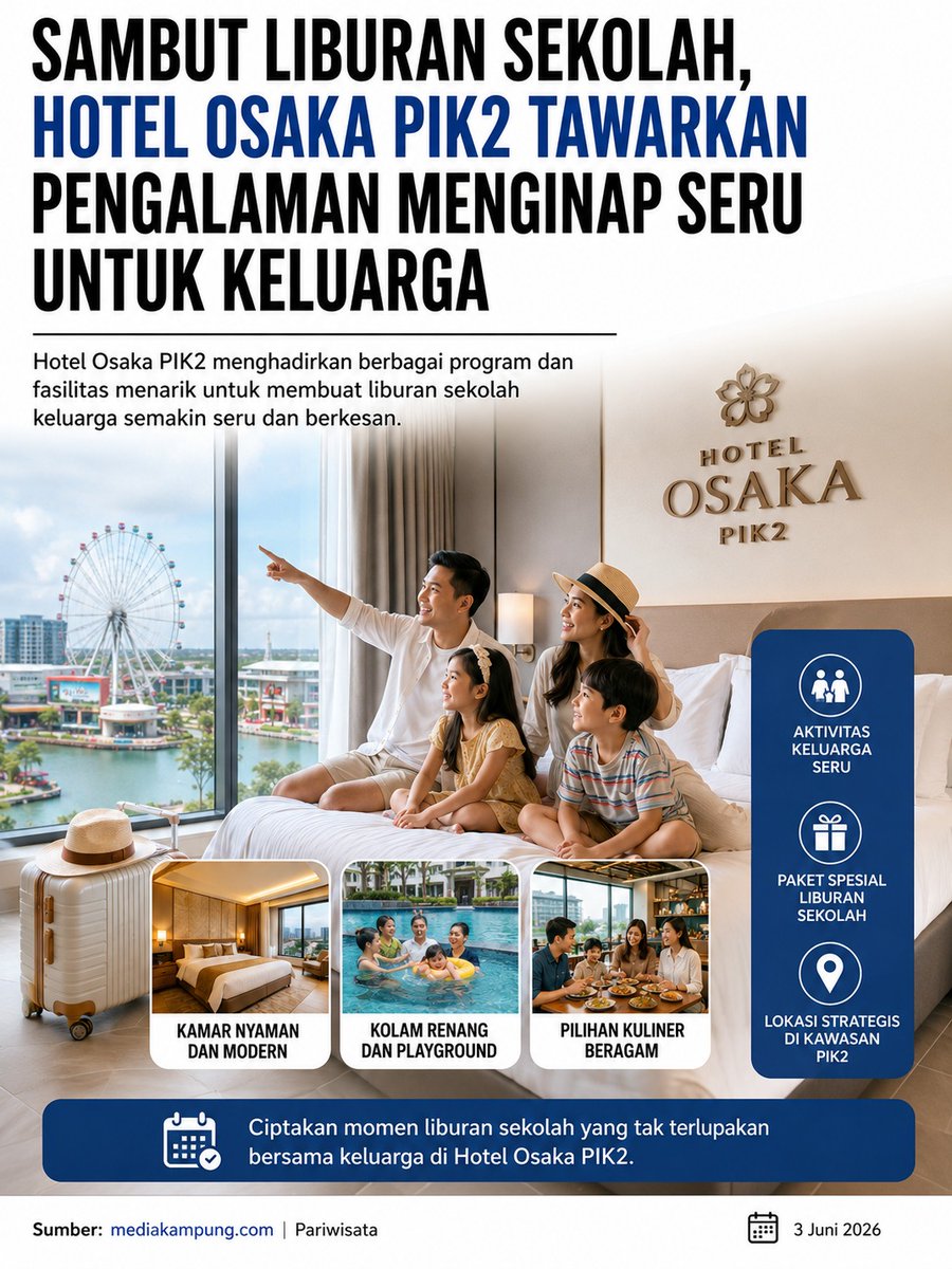 Hadisqye's tweet photo. Bangun tidur liat bianglala PIK 2 🎡 
Siang berenang, sore kulineran, malam rebahan nyaman.

Itu liburan sekolah versi Hotel Osaka PIK 2.

Aktivitas keluarga seru + paket spesial udah disiapin.
Lokasi strategis, gak pake macet jauh.

Sumber: https://t.co/wSz9I3Qa0q | 3 Juni 2026 https://t.co/k8nm2PaERO