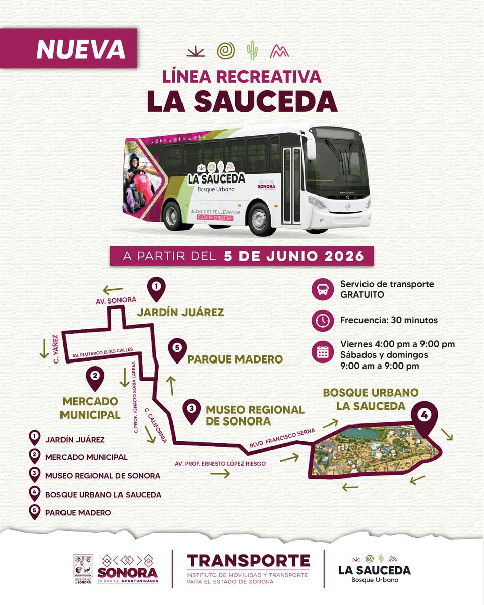 centralinfoTV's tweet photo. 🚍🌳 Ir a La Sauceda será más fácil.

Desde este viernes inicia una nueva línea recreativa GRATUITA que conectará el centro de Hermosillo con el Bosque Urbano La Sauceda.

📍A/C, salidas cada 30 min y seguimiento en la app UNE.  @gobiernosonora 

➡️ https://t.co/2YOFUbpczR https://t.co/FF9SPePCAH