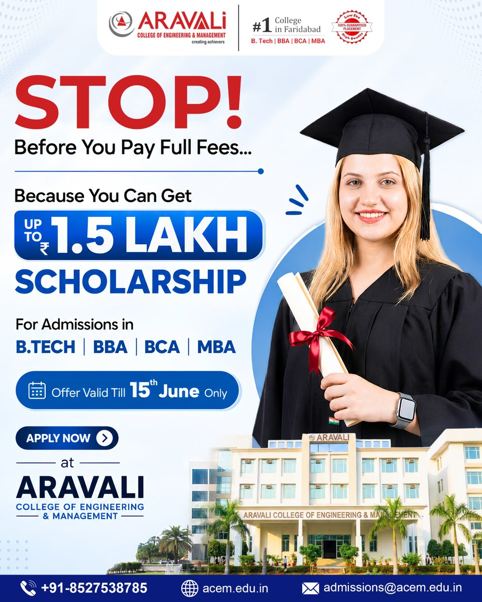 acem2008's tweet photo. STOP! Don’t Pay Full Fees Yet!

Get up to ₹1.5 Lakh Scholarship for https://t.co/9PgvAdgSPR | BBA | BCA | MBA at Aravali College. Secure your future with quality education and amazing savings! Offer valid till 15th June.

[Scholarship, Engineering, ACEM India, Aravali College] https://t.co/cNVl0quNOg