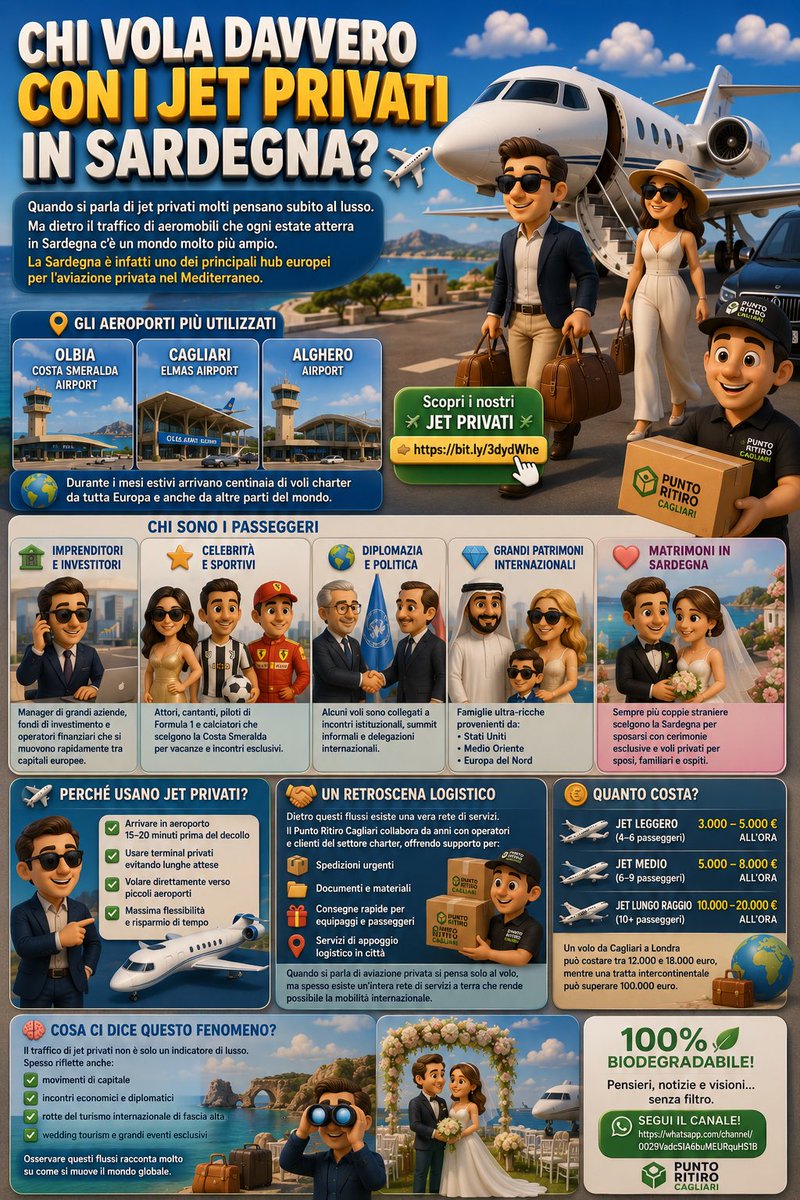 100xcentoBio's tweet photo. **CHI VOLA DAVVERO CON I JET PRIVATI IN SARDEGNA?**✈️🏝️

**Quando si parla di jet privati molti pensano subito al lusso.**

**Ma dietro il traffico di aeromobili che ogni estate atterra in Sardegna c’è un mondo molto più ampio.**

La Sardegna è infatti uno dei principali hub europei per l’aviazione privata nel Mediterraneo.

Gli aeroporti più utilizzati sono:

✈️ Olbia Costa Smeralda Airport
✈️ Cagliari Elmas Airport
✈️ Alghero Airport

Durante i mesi estivi arrivano centinaia di voli charter da tutta Europa e anche da altre parti del mondo.

🌍 CHI SONO I PASSEGGERI?

🏦 Imprenditori e investitori

Manager di grandi aziende, fondi di investimento e operatori finanziari che si muovono rapidamente tra capitali europee.

🎬 Celebrità e sportivi

Attori, cantanti, piloti di Formula 1 e calciatori che scelgono la Sardegna per vacanze e incontri riservati.

🌏 Diplomazia e politica

Alcuni voli sono collegati a incontri istituzionali, summit informali e delegazioni internazionali.

💰 Grandi patrimoni internazionali

Famiglie provenienti da:

🇺🇸 Stati Uniti
🇦🇪 Medio Oriente
🇪🇺 Europa del Nord

che scelgono la Sardegna come destinazione esclusiva.

💍 Matrimoni internazionali in Sardegna

Un fenomeno in forte crescita riguarda le coppie straniere che decidono di sposarsi sull’isola.

Sempre più spesso il matrimonio in Sardegna viene organizzato come un’esperienza completa:

💍 cerimonia esclusiva

🏝️ location sul mare

🏨 resort di lusso

✈️ jet privato per gli sposi, familiari e ospiti.

Per molte coppie provenienti da:

🇵🇱 Polonia
🇬🇧 Regno Unito
🇩🇪 Germania
🇺🇸 Stati Uniti

il volo privato è ormai parte integrante dell’esperienza wedding di fascia alta.

🛩️ PERCHÉ USANO I JET PRIVATI?

Il jet privato non è solo un simbolo di lusso.

Per molti è soprattutto uno strumento di mobilità veloce.

Con un charter privato si può:

✔ arrivare in aeroporto 15–20 minuti prima del decollo

✔ utilizzare terminal dedicati

✔ evitare lunghe attese

✔ volare direttamente verso aeroporti vicini alla destinazione finale.

Per chi gestisce attività globali il tempo è spesso la risorsa più preziosa.

✈️ Scopri i nostri Jet Privati

👉 https://t.co/nWX2D9I5Ea

🤝 IL RETROSCENA LOGISTICO

Dietro questi flussi esiste una vera rete di servizi.

Il Punto Ritiro Cagliari collabora da anni con operatori e clienti del settore charter offrendo supporto per:

📦 spedizioni urgenti

📄 documenti e materiali

🎁 consegne rapide per equipaggi e passeggeri

📍 servizi logistici e di supporto in città.

Quando si parla di aviazione privata si pensa soltanto al volo.

In realtà dietro ogni atterraggio esiste una complessa organizzazione a terra.

📊 QUANTO COSTA?

Indicativamente:

✈️ Jet leggero (4–6 passeggeri)
💶 3.000 – 5.000 € all’ora

✈️ Jet medio
💶 5.000 – 8.000 € all’ora

✈️ Jet lungo raggio
💶 10.000 – 20.000 € all’ora

Un volo:

📍 Cagliari → Londra

può costare tra:

💶 12.000 e 18.000 €

mentre una tratta intercontinentale può superare:

💶 100.000 €.

🧠 COSA CI DICE QUESTO FENOMENO?

Il traffico di jet privati non è soltanto un indicatore di lusso.

Spesso riflette:

📈 movimenti di capitale

🤝 incontri economici

🌍 diplomazia internazionale

💍 wedding tourism

🏝️ turismo di fascia alta.

Osservare questi flussi racconta molto su come si muove il mondo globale.

E racconta anche il ruolo sempre più centrale della Sardegna nel Mediterraneo.

🗞️ Pensieri, notizie e visioni… senza filtro.
👉 100% Biodegradabile!
https://t.co/Qo0p2xumNT

#JetPrivati
#Cagliari
#Sardegna
#CostaSmeralda
#WeddingInSardinia
#LuxuryTravel