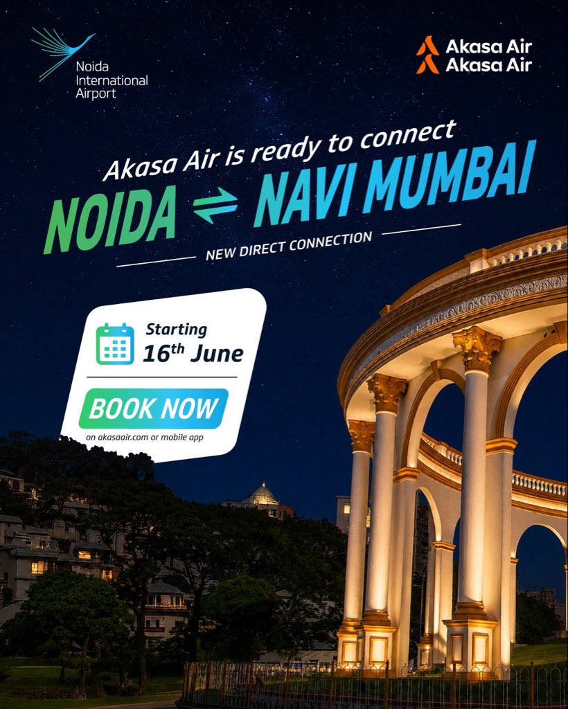 jewar_airport's tweet photo. Fly straight from Noida to Navi Mumbai with Akasa Air starting
 16th June.

Book your tickets today.

#NoidaInternationalAirport #Noida #Akasaair #NaviMumbai #Niairport
@jewar_airport https://t.co/bmiiIbbt1s