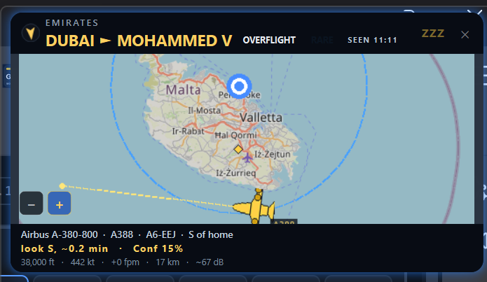 catsfive's tweet photo. I vibe coded something similar, not as good as this. I live in Malta so I made an app that tells me whenever a large heavy plane is flying over flight within 40 miles and even estimates where I should go to which balcony, front or back, and what direction to look to see the plane if I want

Here is a screenshot of it working. An A380 is flying past! I'm going to my back balcony with FlightRadar24 and going to look at it