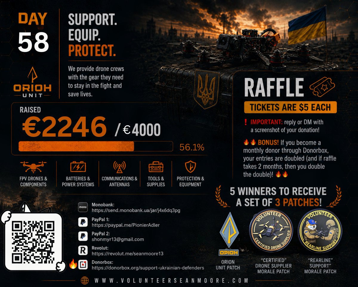 Pionier_Adler's tweet photo. 🚨 Raffle Alert 

Tickets are $5 each 
Monthly donor gets double tickets

5 winners to receive a set of 3 patches! 
- Orion unit patch 
- 'Certified Drone Supplier' morale patch 
- 'Rearline Support' morale patch 

€2246 of €4000 collected https://t.co/JdNxAc9LLG