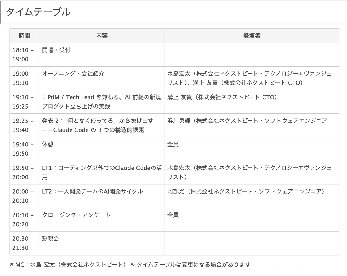 nextbeat_dev's tweet photo. Nextbeat Tech Bar #21：コーディングエージェント実践活用 https://t.co/wJnqNFSNaS #NextbeatTechBar 
開催まで2週間になってきましたので告知です。以下タイムテーブルで予定fix致しました。

弊社エンジニアのみの登壇になりますが、その分、実践的な事例について色々お届けできるかと思うのでお楽しみに！参加募集は引き続き受け付けております！