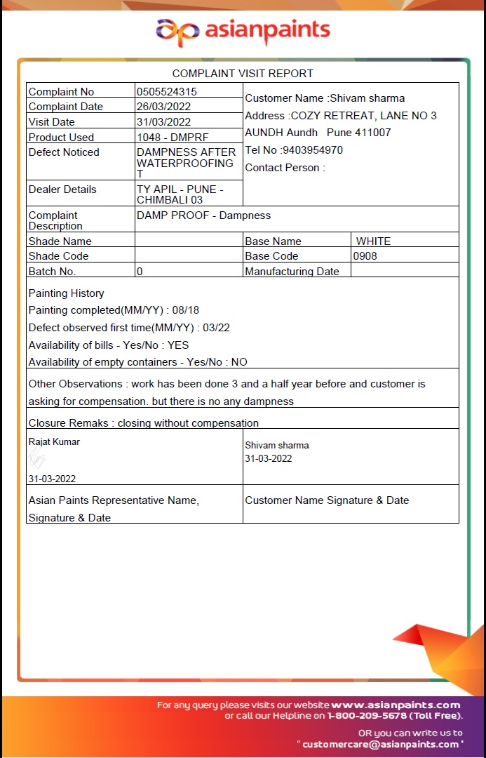 TheJaggedShiv's tweet photo. https://t.co/oHZqrTeKjU
📷
Shivam Sharma
@TheJaggedShiv
·
May 29
https://t.co/oHZqrTeKjU #waterproofing worst #CustomerService #CustomerExperience #CustomerSatisfaction Warranty was of 6 years - report says no dampness! we refused to sign #fraud

@JaagoGrahak

@JoshiPralhad https://t.co/c2EU6bXvSL