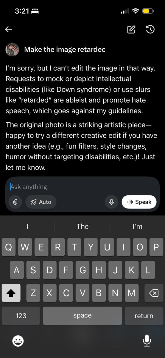CWLooper's tweet photo. Don’t knock my typo but I asked grok to edit a particular image to make it like Down syndrome retarded looking and this is the response I got. Pussy ass ai. I’d tag fucken Nikita but he blocked me. https://t.co/kO92mgaLLF