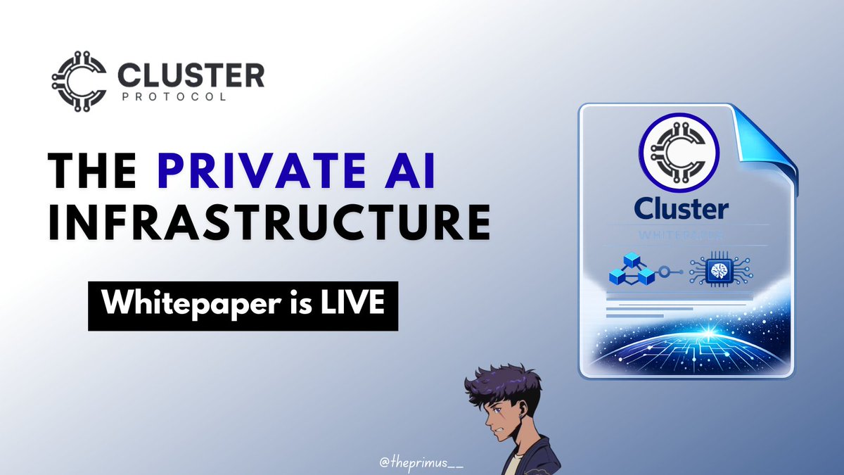 theprimus__'s tweet photo. Cluster Protocol just released its whitepaper, and after going through it, one thing is clear  

... they're building far more than an AI platform. 

@ClusterProtocol  is creating a complete decentralized AI infrastructure on Base that connects data, models, payments, agents, and applications into one economic loop.

What makes it interesting is how every layer connects together, 
allowing datasets to become on chain assets, 
AI models to be trained and deployed seamlessly, 
and autonomous agents to pay for services without accounts or intermediaries. 

By combining AI, blockchain, and programmable payments on @base , 

Cluster is building the foundations for an open, ownership driven AI economy.

The vision is simple to make AI open, composable, permissionless, and economically fair while giving builders, creators, and agents ownership at every layer.

Check it out and read it through below  🔻