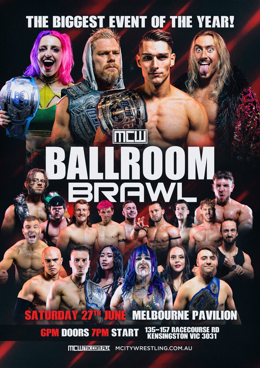 mcitywrestling's tweet photo. The biggest night on the MCW calendar! 

👊

BALLROOM BRAWL 2026
Saturday 27th June - 7pm
Melbourne Pavilion, Kensington VIC

🔗https://t.co/Y1krbhfTFB
🎟️https://t.co/HI8vCLNMsZ

#MCWBallroomBrawl https://t.co/gS6BKbPBqB