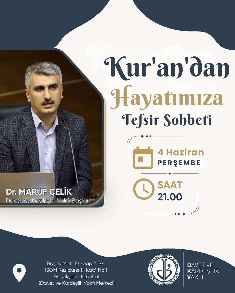 dkv_org's tweet photo. Her hafta Perşembe akşamı saat 21.00’da Başakşehir Vakıf Merkezimizde gerçekleştirdiğimiz “Kur’an’dan Hayata Tefsir Sohbetleri”ne, Kur’an’ı daha iyi anlamak, hayatına rehber kılmak ve birlikte tefekkür etmek isteyen tüm kardeşlerimizi bekliyoruz. https://t.co/r7Gtoy5azx