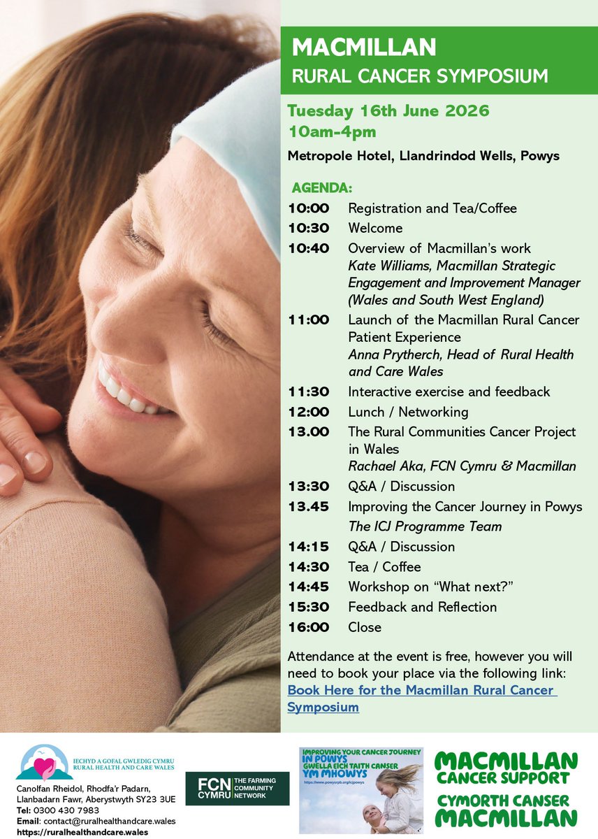 RHCWales's tweet photo. Are you passionate about improving cancer care and patient experience in rural communities in Wales and beyond?

Join us for the Macmillan Rural Cancer Symposium on 16th June at the Metropole Hotel, Llandrindod Wells to learn more!

Book your place here: https://t.co/nqBqz72z5p https://t.co/YoUWu8fVbN