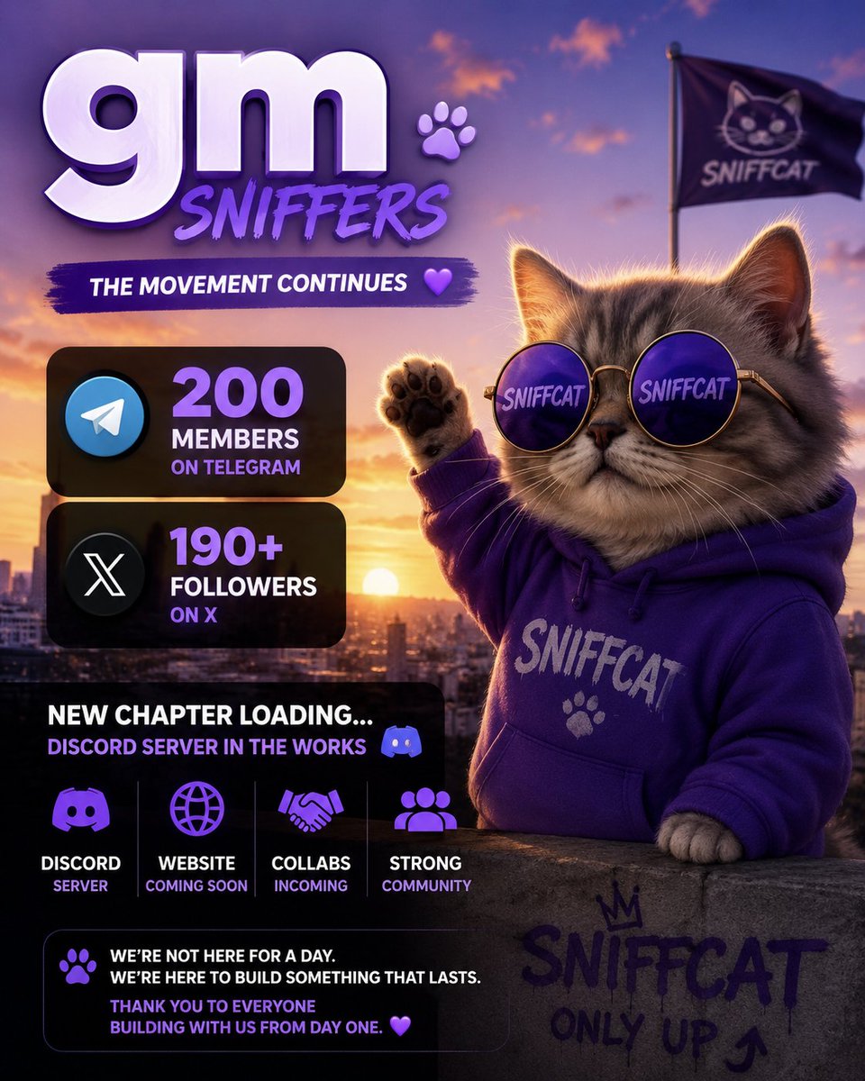 SNIFFCATY's tweet photo. gm sniffers 😼☀️

200 TG members.
190+ on X.
Discord in the works.

the movement keeps growing 🐾💜

thank you to everyone who's part of the journey.

we're just getting started 😼

#SNIFFCAT #Solana #Memecoin https://t.co/PcQG4UvE7u