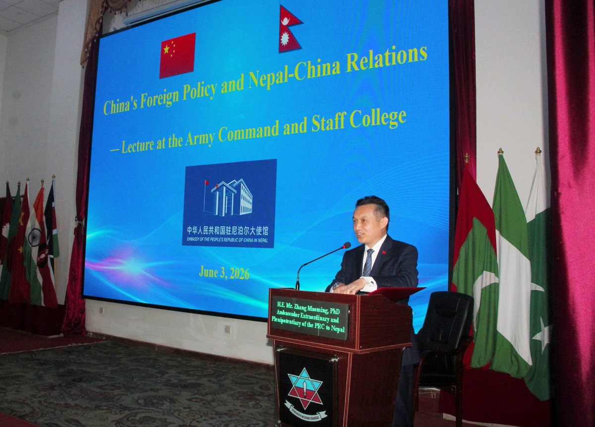 PRCAmbNepal's tweet photo. Very pleased to meet with the faculty, staff and cadets of the Army Command and Staff College of Nepal. The college is known as the “cradle of Nepal Army generals.” We shared thoughts on topics including Nepal–China relations, bilateral cooperation, and global security and governance issues, etc. With our shared commitment and joint efforts, I am confident that Nepal–China relations will continue to flourish and reach new heights.