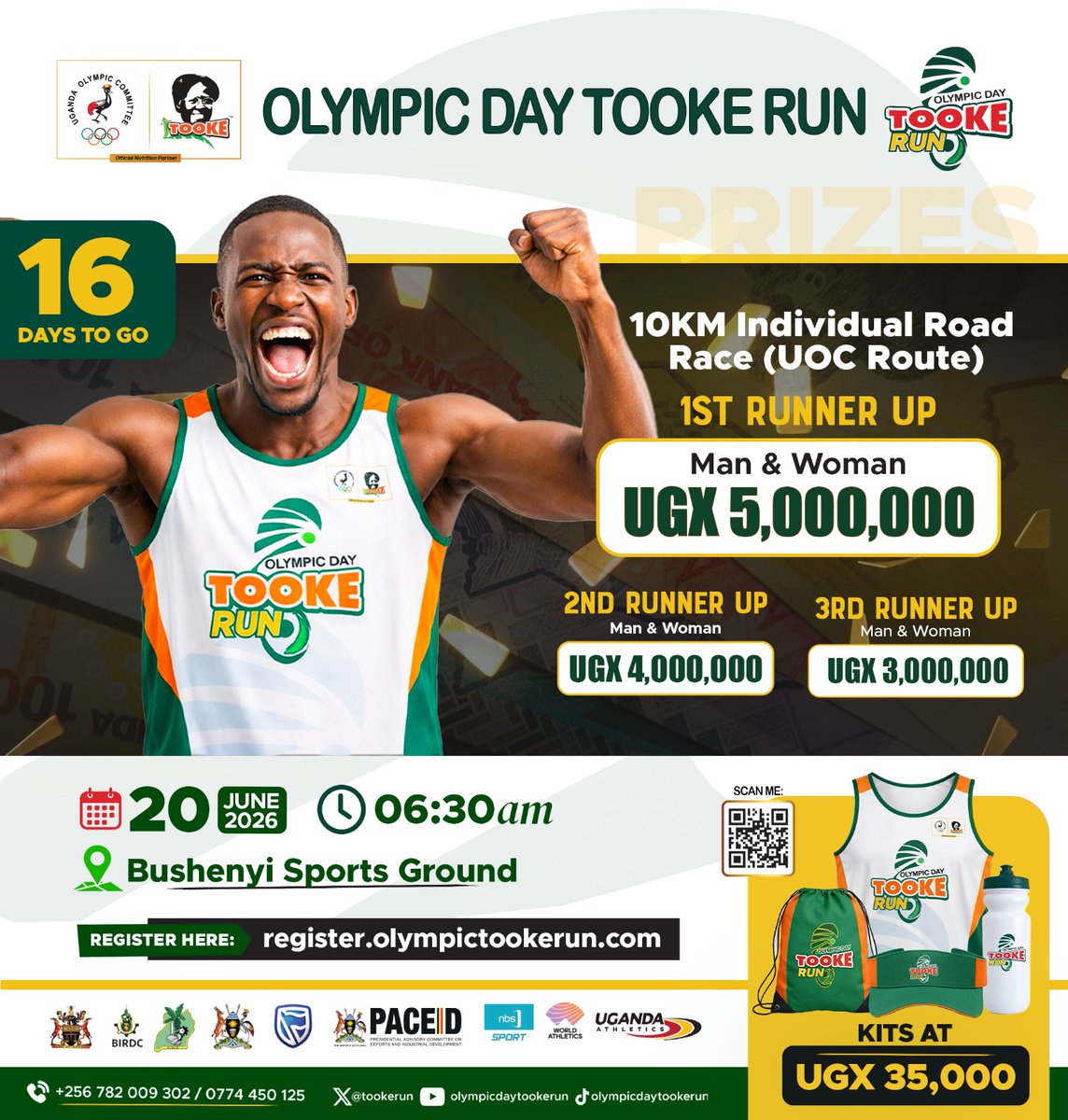 TookeRun's tweet photo. 16 Days to Go! 🏃🏽‍♂️🏃🏽‍♀️🔥

The countdown is on! 

Stand a chance to win from the UGX 120 Million Prize Fund at the Olympic Day Tooke Run 2026.

🏅 10KM Individual Road Race @Official_UOC Route

🥇 1st Runner-Up: UGX 5M
🥈 2nd Runner-Up: UGX  4M
🥉 3rd Runner-Up: UGX  3M
(For both Men and Women)

📅 20th June 2026
📍 Bushenyi Sports Ground
⏰ 6:30 AM

🎽 Secure your official race kit today for only UGX 35,000 and be part of Uganda's biggest celebration of sport, health, nutrition, and community spirit.

 Register now👇👇👇

 https://t.co/g9KSLIKgf1

#OlympicDayTookeRun #OlympicDay2026