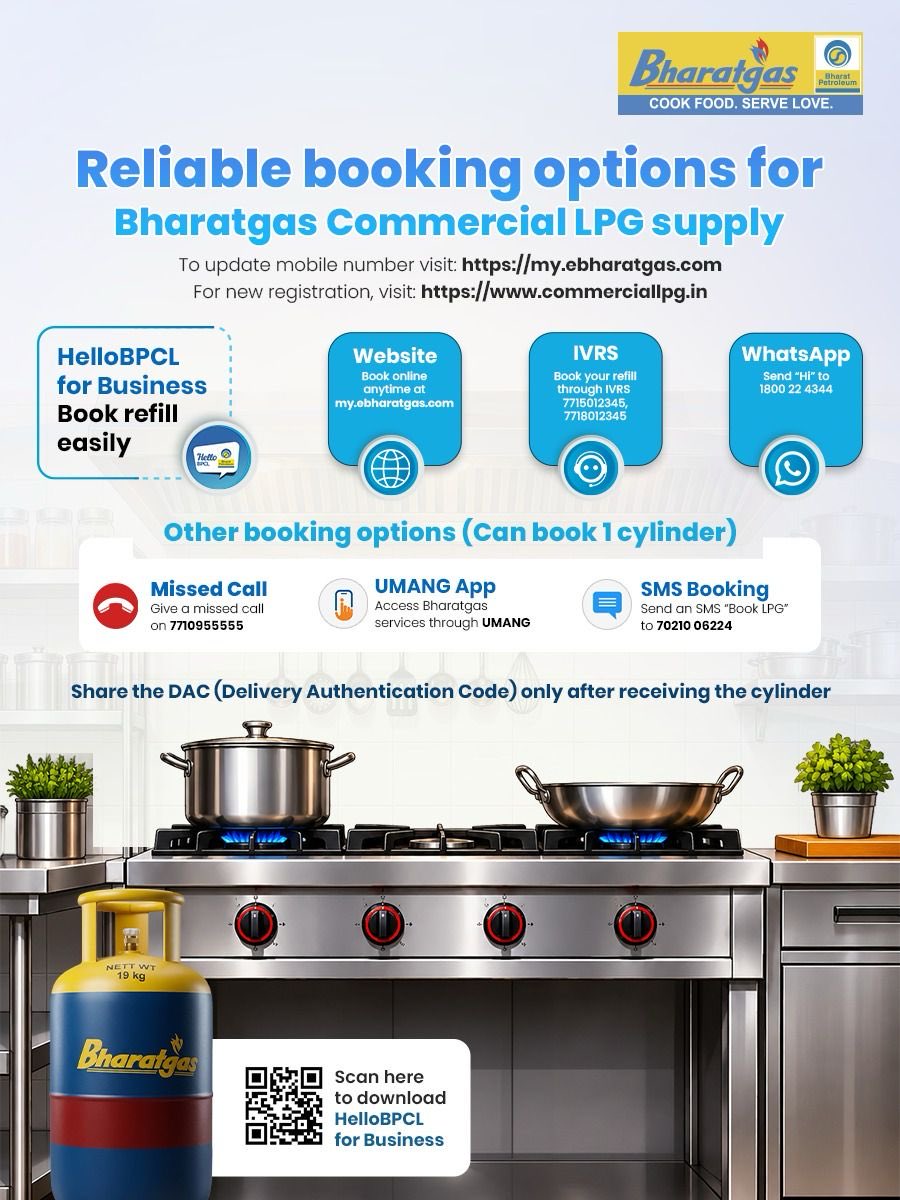 BPCLPatna's tweet photo. Bharatgas commercial customers can now book refills through multiple digital modes.
Share DAC code after receiving the cylinder.

@BPCLimited @BPCLLPG @PetroleumMin @HardeepSPuri @Secretary_MoPNG
#Bharatgas #BharatgasCommercial #CommercialLPG
#HelloBPCL https://t.co/6mF000vxJ3