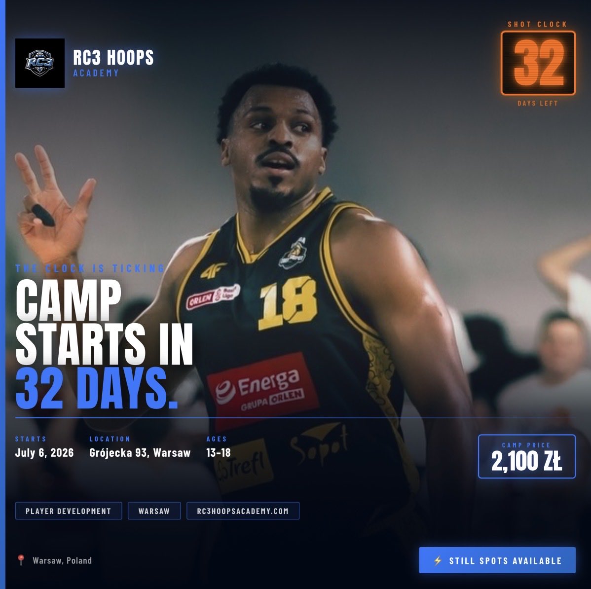 RCIII18's tweet photo. Every great player had a summer that changed everything. 🏀

This could be yours. RC3 Hoops Camp starts July 6 — 32 days away. Real development. Pro-level coaching.

Tap the link in bio before the clock hits zero. ⏱️
#RC3Hoops #BasketballPoland #PlayerDevelopment #BasketballCamp https://t.co/cFT9Op3ydv