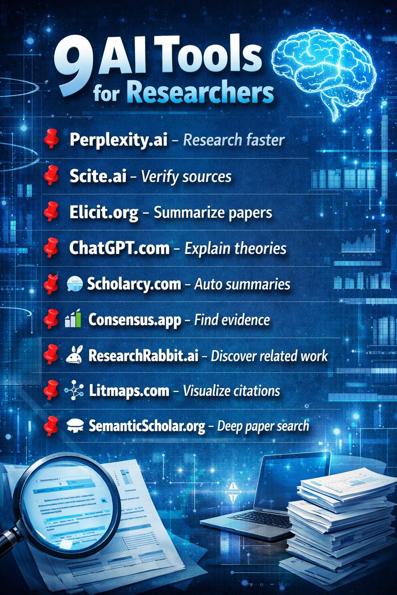 Orion_Vers7x's tweet photo. 9 AI Tools for Researchers 🧠

📌. https://t.co/sKjtw5iA0M – research faster

📌. https://t.co/agMu8hLw9Q – verify sources

📌. https://t.co/T1OMgOnkDU – summarize papers

📌.  https://t.co/mwWOyio5ZW – explain theories

📌. https://t.co/pi01TGHxGu – auto summaries

📌. https://t.co/quYXc3rzcx – find evidence

📌. https://t.co/iuMfQlSnp9 – discover related work

📌. https://t.co/lDfUJiUZgm – visualize citations

📌. https://t.co/PtpinBDImS – deep paper search

Here's how you can earn $1599 a month—with no experience required!

Get your free guide:

🎁 Bonus - Meco App

Get 100% FREE AI & Tech news delivered to you — no spam, just smart updates.

https://t.co/15V986riP7

Follow @Orion_Vers7x for more AI content tools 🔥
