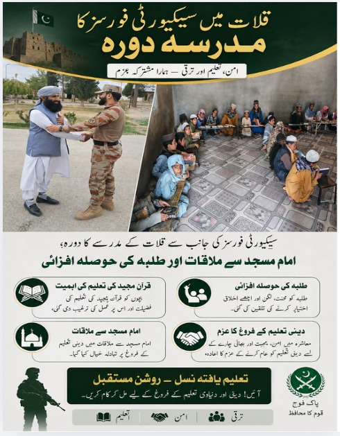 Nimra54118's tweet photo. قلات میں سیکیورٹی فورسز کا مدرسہ دورہ، امام مسجد سے ملاقات اور طلبہ کی حوصلہ افزائی۔ بچوں کو قرآنِ مجید کی تعلیم کی اہمیت سے آگاہ کیا گیا اور دینی تعلیم کے فروغ کے عزم کا اعادہ کیا گیا۔
#Qalat
#Balochistan
#MadrasahVisit
#IslamicEducation
#QuranEducation
#ReligiousEducation https://t.co/EkEvDSqAiA