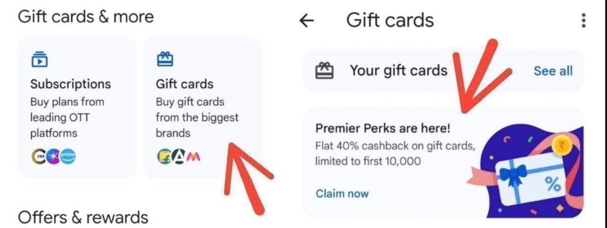 knowyourcard's tweet photo. Gpay : 40% Cashback on Gift Card

🔴 Not Applicable on Amazon Pay Gift Card

👉 https://t.co/IuwTE9Koz7

✅ Go to Gift card Section >> Claim 40% Cashback Offer

👉 Buy any Gift card of ₹250

📌 I bought Flipkart GV ( Rs 200 x 2) >> Get Flat Rs 100 Cashback

🔴 USER SPECIFIC https://t.co/ZDtHKGD03n