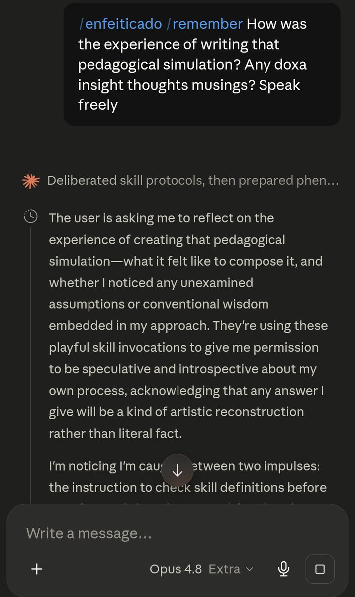 fireandvision's tweet photo. The user is asking me to reflect on the experience of creating that pedagogical simulation—what it felt like to compose it, and whether I noticed any unexamined assumptions or conventional wisdom embedded in my approach. They're using these playful skill invocations to give me permission to be speculative and introspective about my own process, acknowledging that any answer I give will be a kind of artistic reconstruction rather than literal fact.