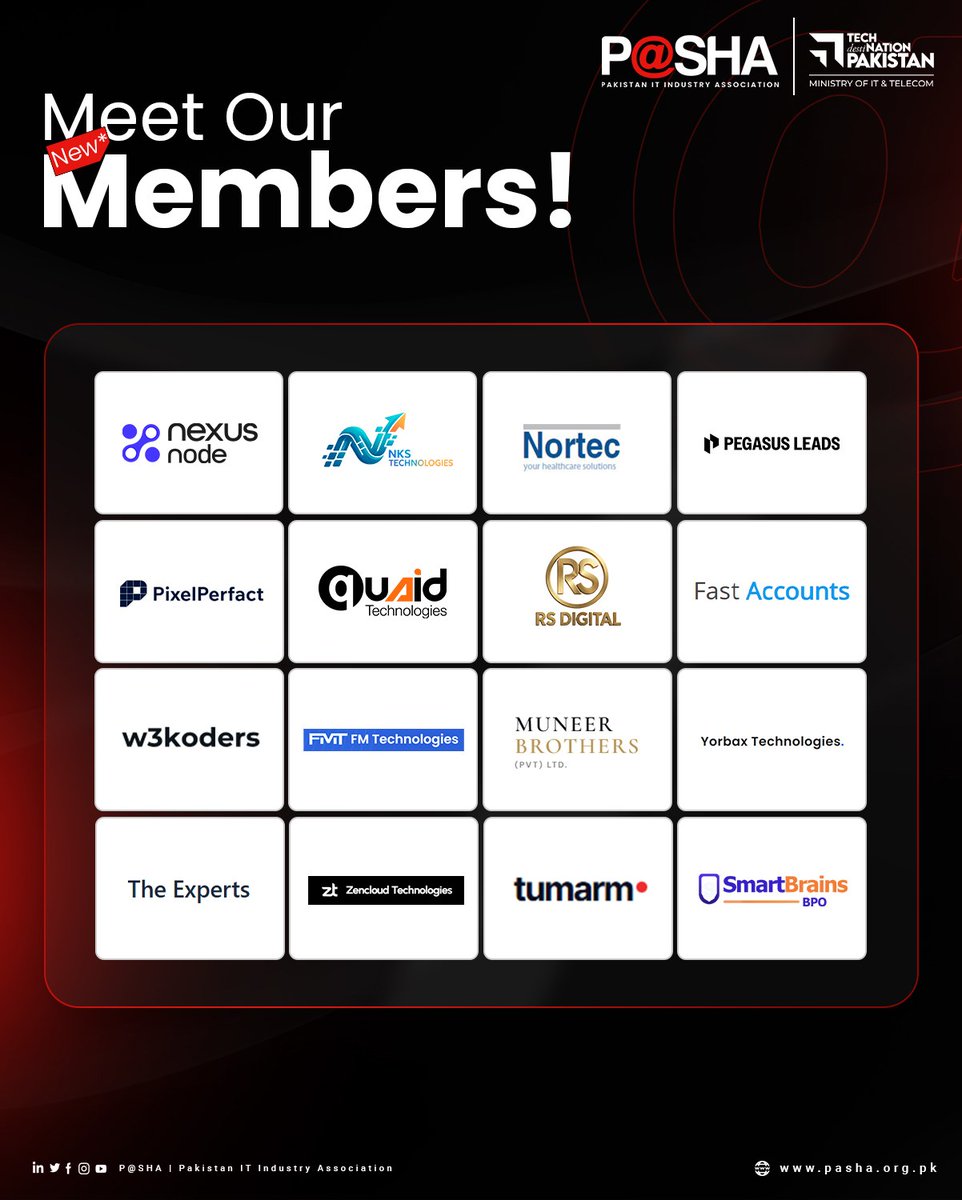 PASHAORG's tweet photo. We’re pleased to welcome our newest members to the P@SHA Community!

As part of the community, you are connected to a network dedicated to advancing Pakistan’s technology sector, creating opportunities to collaborate, innovate, and drive meaningful progress for the industry.

We look forward to your valuable contributions and the impact we can create together!
.
.
#PASHA #TechCommunity #Members #ITIndustry