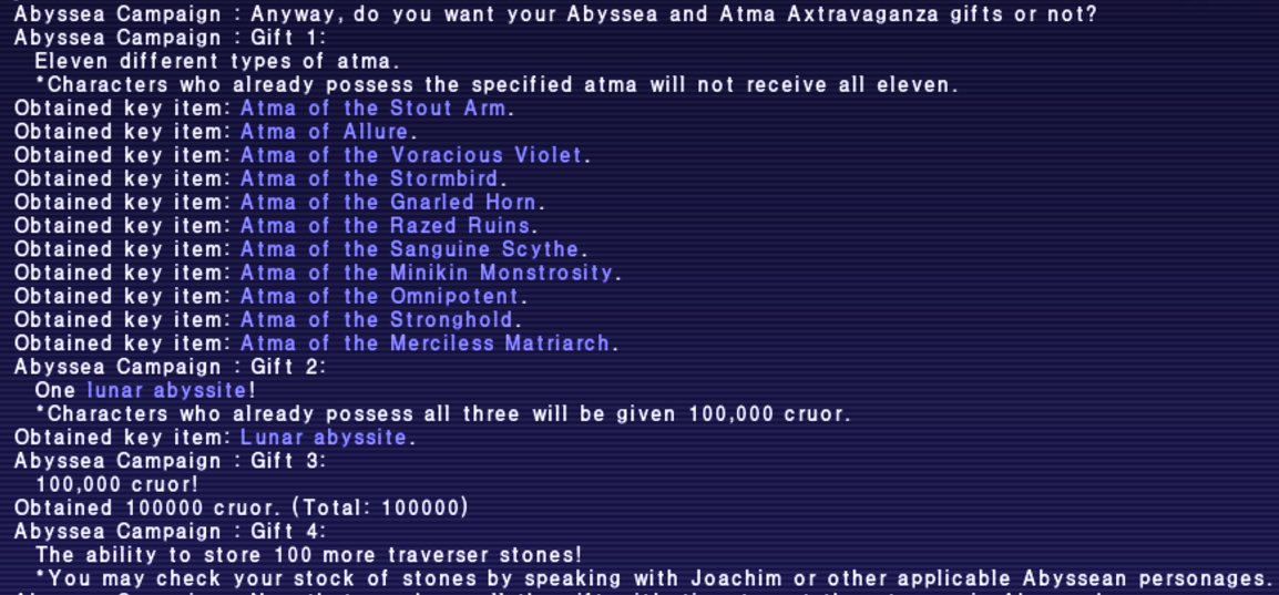 hatewheel's tweet photo. If you are new to FF11 it is extremely worth your time to click the blue treasure chest in Port Jeuno (H-8) before the Abyssea event ends. 

Requirements:

Level 30
The Abyssea expansion
Viewed "The Journey Begins" cutscene in Port Jeuno

#FF11 https://t.co/JySNYJv1RZ