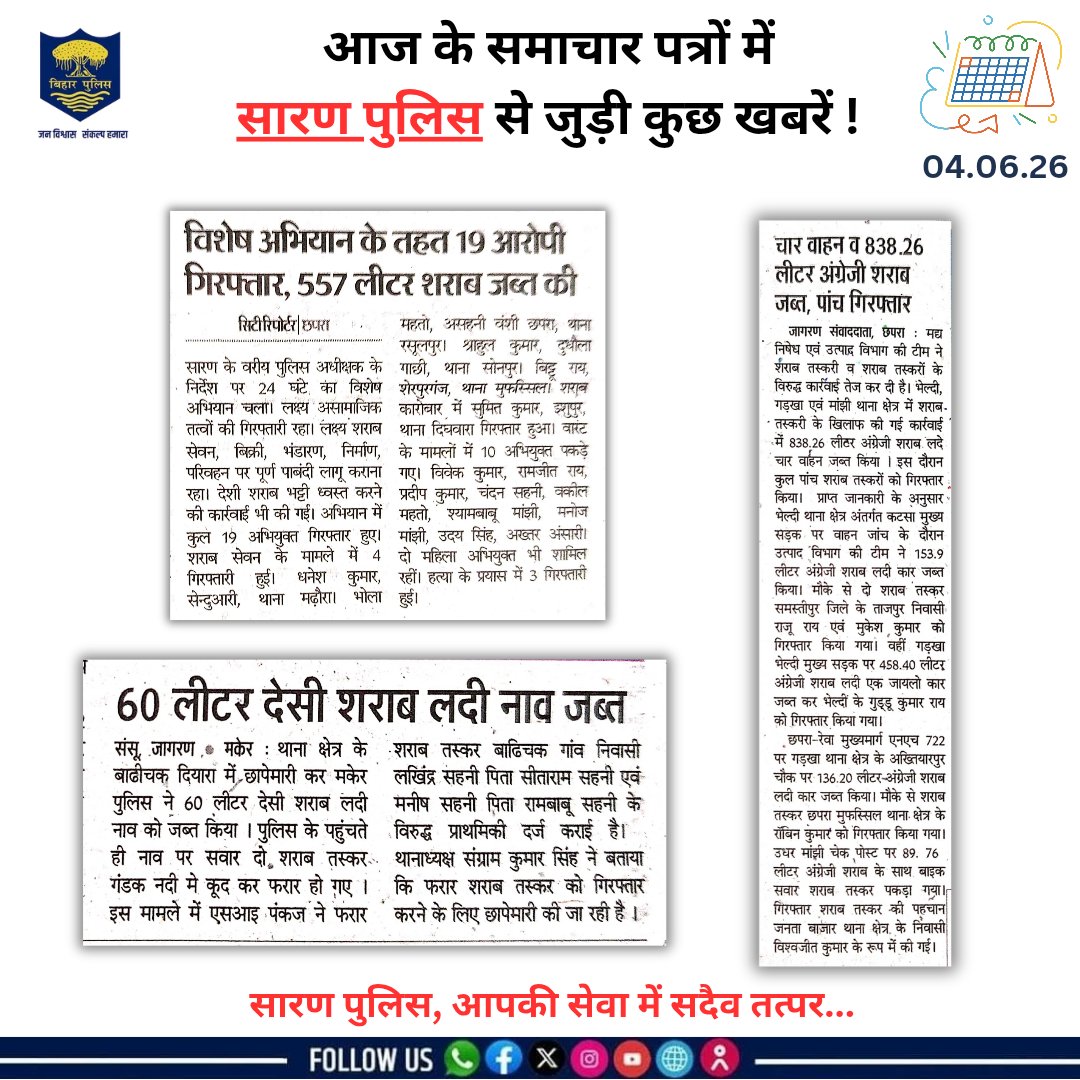 SaranPolice's tweet photo. आज के समाचार पत्रों में सारण पुलिस से जुड़ी कुछ खबरें !
#SaranPolice #BiharPolice #HaiTaiyarHum #BiharHomeDept 
@bihar_police @BiharHomeDept @SaranPolice https://t.co/AsUOYf9h8F