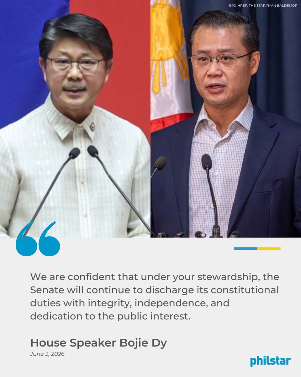 PhilstarNews's tweet photo. GATCHALIAN GETS HOUSE RECOGNITION

House Speaker Faustino “Bojie” Dy III congratulated acting Senate President Sherwin Gatchalian on assuming his new post, expressing confidence in his leadership.

“At a time when our nation looks to its institutions for stability and leadership, a fully functioning Senate is essential to advancing legislation, exercising oversight, and upholding democratic governance,” Dy said in a statement on June 3.

“We wish Acting Senate President Gatchalian every success as he leads the chamber in addressing the challenges and opportunities before our country,” he added.