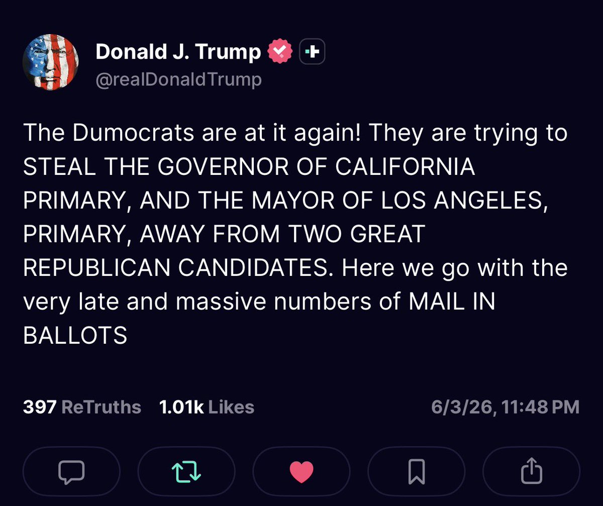 TheCalvinCooli1's tweet photo. 🚨New: President Trump says the Democrats are trying to steal the California Governor’s Primary and the Los Angeles Mayoral Primary https://t.co/pSzz3vOwtl