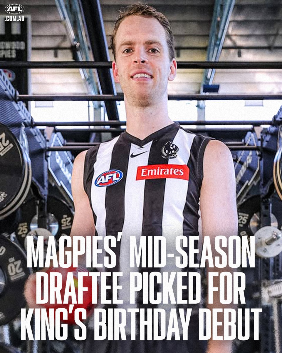 AFL's tweet photo. A King's Birthday debut 🤩

Collingwood will unveil 27-year-old mid-season draftee Mitch Podhajski at the MCG on Monday against Melbourne, reports @CalTwomey: https://t.co/YIaPJRNhRH https://t.co/6sfVlxcLAh