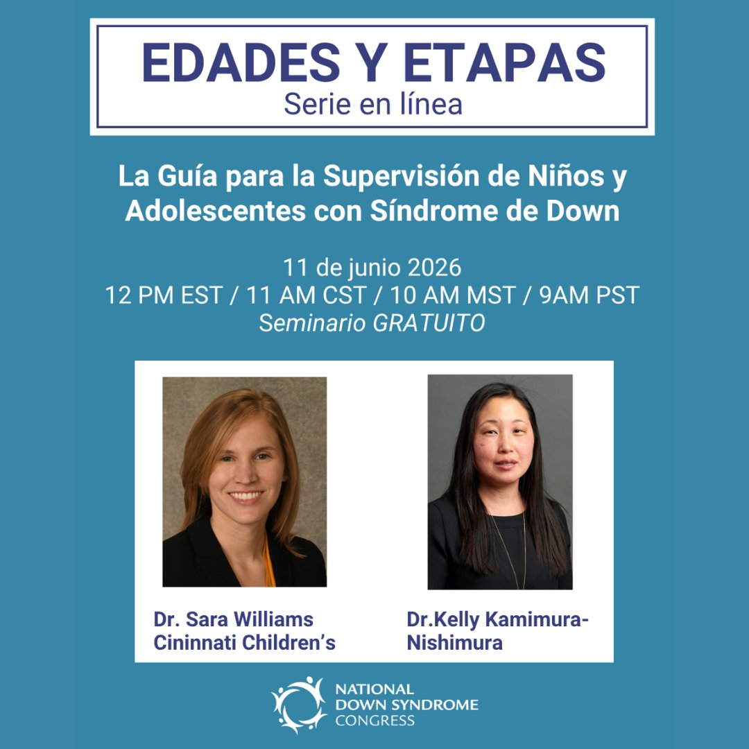 DownSyndromeLA's tweet photo. 📢 ¡Webinario GRATUITO en español! El 11 de junio, las Dras. Sara Williams y Kelly Kamimura-Nishimura (Cincinnati Children’s) revisarán las guías AAP para personas con síndrome de Down de todas las edades. 

Regístrese: https://t.co/kgsA5a6xtf https://t.co/Vg2yXLu17U