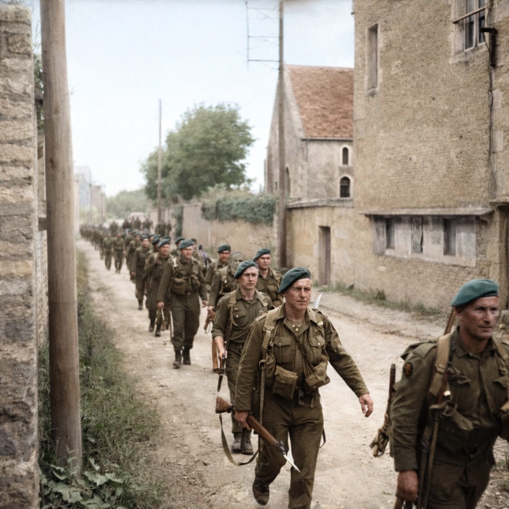 SoutienCommando's tweet photo. Colleville-sur-Orne, 6 juin 1944 : la marche silencieuse de 45 Commando
Quand la vitesse protège tout le flanc Est du Débarquement

Le 6 juin 1944, alors que le débarquement britannique est encore en cours sur Sword Beach, les hommes de 45 Royal Marine Commando quittent la plage pour progresser vers l’intérieur des terres. Rattachée à la 3rd Infantry Division, l’unité fait partie de la 1st Special Service Brigade, commandée par Simon Fraser. Sa mission est claire : débarquer à Queen Red Beach, avancer sans délai et renforcer les troupes aéroportées qui tiennent les ponts sur le canal de Caen et l’Orne.

Les commandos arrivent à terre vers 9 heures du matin, après les premières vagues d’infanterie. Sword Beach, divisée entre Queen White et Queen Red, reste dangereuse. Des points de résistance allemands tiennent encore. Les traces du combat sont partout : épaves, blessés, matériel abandonné. Mais l’instruction des commandos est sans ambiguïté. La plage n’est pas un objectif. Elle est un passage à quitter au plus vite. 45 Commando s’engage alors sur les routes étroites menant vers Colleville-sur-Orne, à une dizaine de kilomètres au nord-est de Caen. La progression se fait en colonne, disciplinée, sans précipitation inutile. Les routes sont encombrées, la menace allemande encore présente sous forme d’arrière-gardes et de tirs isolés. Pourtant, l’unité maintient son rythme. L’essentiel est de ne pas perdre l’élan.

Colleville n’est pas un objectif à conquérir. C’est un point de passage sur l’axe menant vers les positions aéroportées. Dans la nuit, les parachutistes de la 6th Airborne Division ont pris et tenu Pegasus Bridge et les secteurs de Ranville. Leur isolement est réel. Chaque minute compte. En poursuivant leur avance et en assurant la jonction entre la plage et les forces aéroportées, les hommes de 45 Commando participent directement à la sécurisation du flanc est de toute l’opération Overlord. Leur progression empêche toute contre-attaque allemande venant de Caen ou d’Ouistreham de menacer le débarquement.

La photographie conservée sous la référence IWM B 5067 ne montre ni combats spectaculaires ni gestes héroïques. Elle montre mieux que cela : des hommes qui avancent, conscients que leur mission dépasse leur propre sort. À Colleville-sur-Orne, la guerre ne se gagne pas par l’exploit isolé, mais par la continuité de l’effort et la fidélité à la mission.