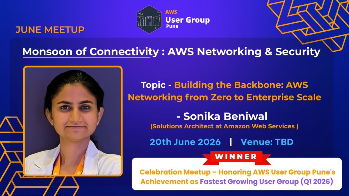 AwsPune's tweet photo. Before AI can shine, the network must work. ⚡ Join AWS User Group Pune for a deep dive into AWS Networking &amp; Security with Sonika Beniwal. 
#AWS #Networking #CloudSecurity #AWSPune #TechCommunity https://t.co/R4KggYmdUg