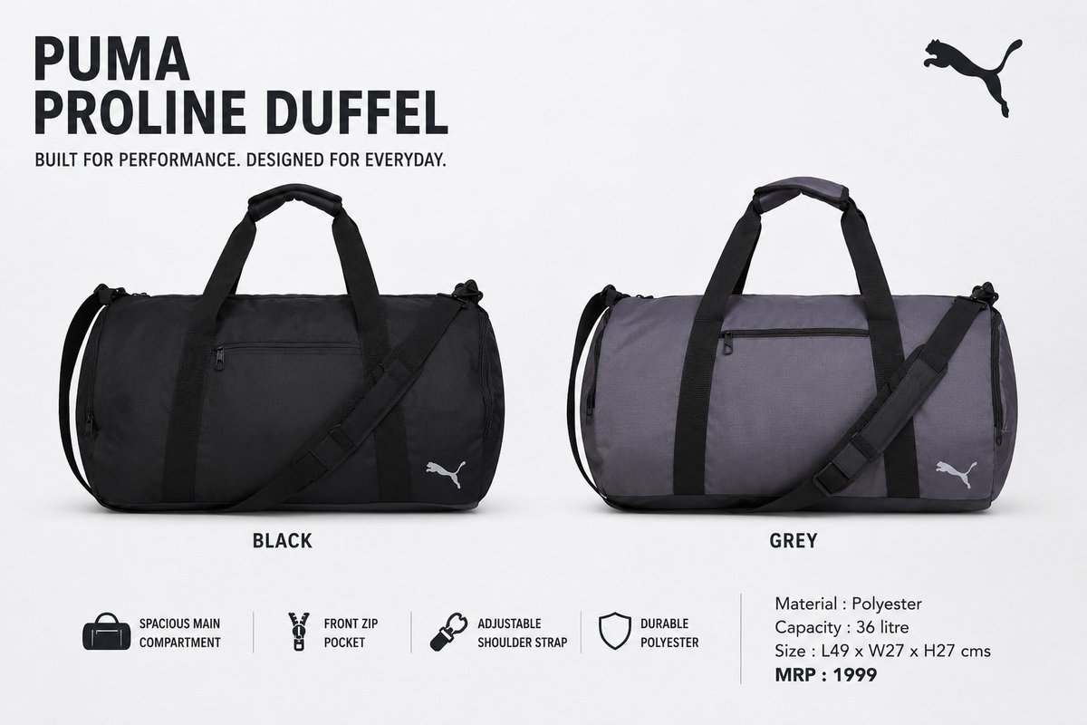 tinymammoth9's tweet photo. Puma Proline Duffel Bag – Black &amp; Grey

- Premium Polyester Material
- Spacious 36L Capacity
- Perfect for Gym | Travel | Daily Use
- Sleek &amp; Minimal Design
- MRP - 1999/-
- Branding - UV/Screen Printing

Moq will be above 30pcs
For more information contact 9513322217/14 https://t.co/TbG5q5vq9j