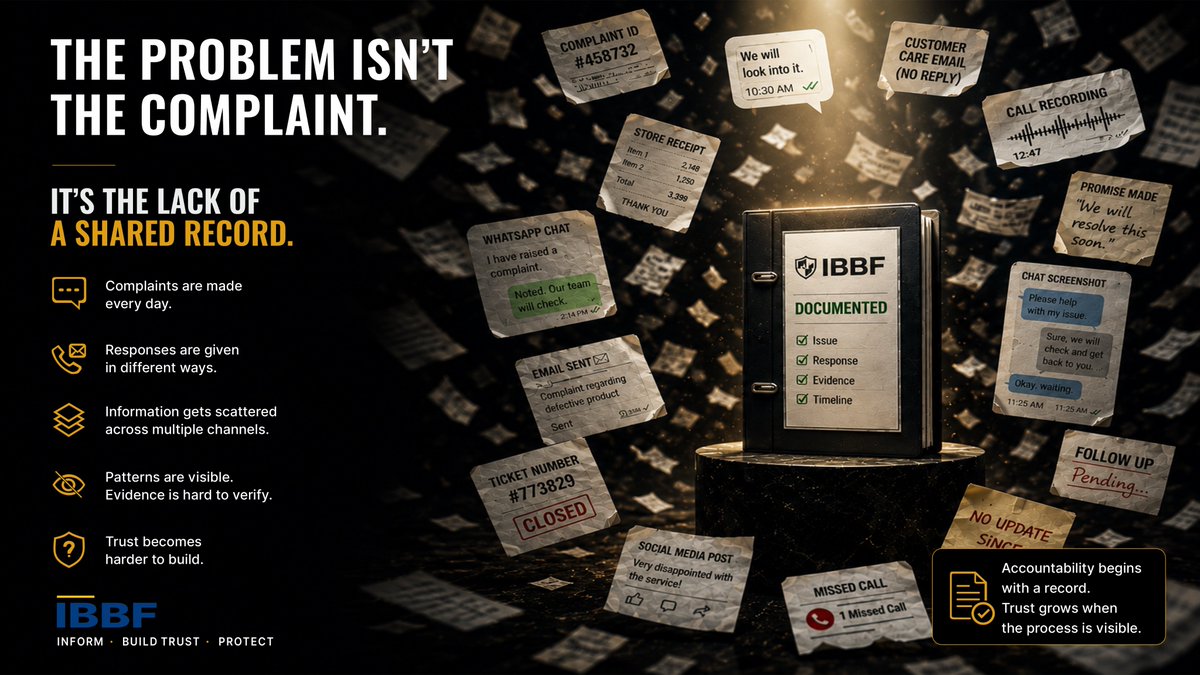 ibbf_org's tweet photo. What problem is IBBF trying to solve?

Not the lack of complaints.

The lack of documentation.

When issues, responses, and evidence are scattered, accountability becomes difficult.

What gets documented is harder to ignore

#IBBF #Documentation #Accountability #ConsumerAwareness https://t.co/2eG5MFOv7y