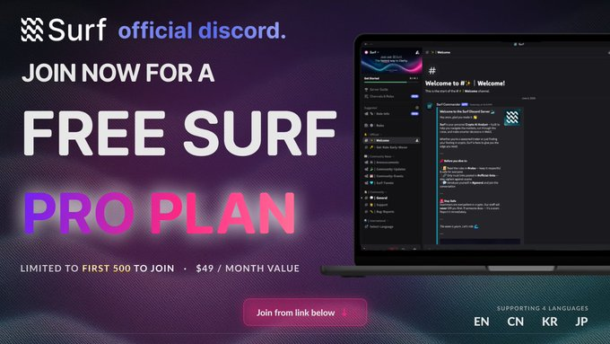 Helpfulman20's tweet photo. @SurfAI Free 1-Month Surf Pro Access ($49 Value)
If you're interested in trying SurfAI, now is a great time.
Here's how to claim your free Surf Pro code:

✅ Join the SurfAI Discord
✅ Get the required role
✅ Open a ticket
✅ Submit the link to your X post
With Surf Pro, you'll get access to advanced AI-powered crypto research, on-chain analysis, market intelligence, and sentiment tracking.
Beyond the immediate value, being an active user of the platform may also position you well for potential future community rewards or ecosystem incentives.
The number of codes is limited, so don't wait too long 

Just ask Surf