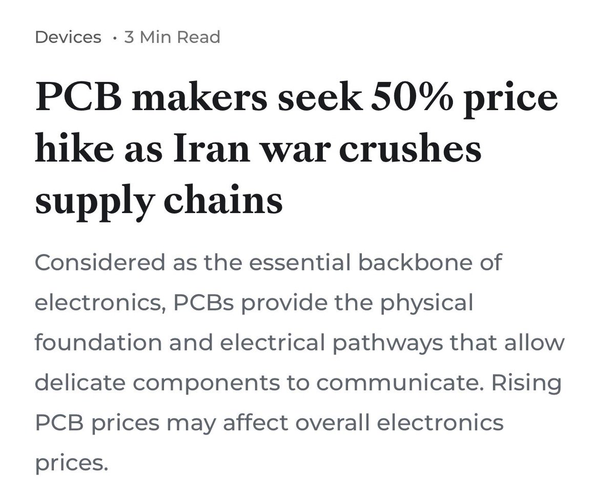 saaaanjjjuuu's tweet photo. Bad News 🚨
PCB (Printed Circuit board) manufacturers might hike prices by 50% due to supply chain issues:

• Raw material costs have increased due to shortages of essential PCB material such as copper foil, epoxy resins, glass fiber, and laminates.
• Current PCB prices are not sustainable due to WAR
• They are seeking help from government 
• PCBs are the foundation of almost every electronic device, including smartphones, tablets, computers, networking equipment, automobiles, and AI servers. 

If this happens then the device manufacturing costs (including smartphones) will increase much more than expected.